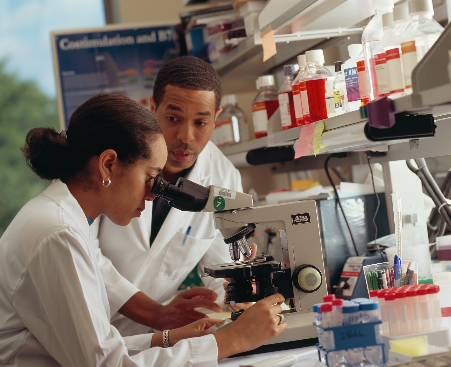 Illustrative photograph of two researchers working at a microscope